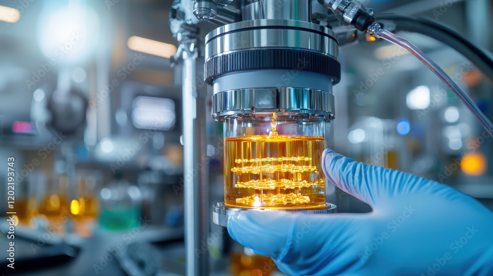 Poster close up of nano enhanced bioreactor producing vibrant orange liquid, showcasing advanced technology