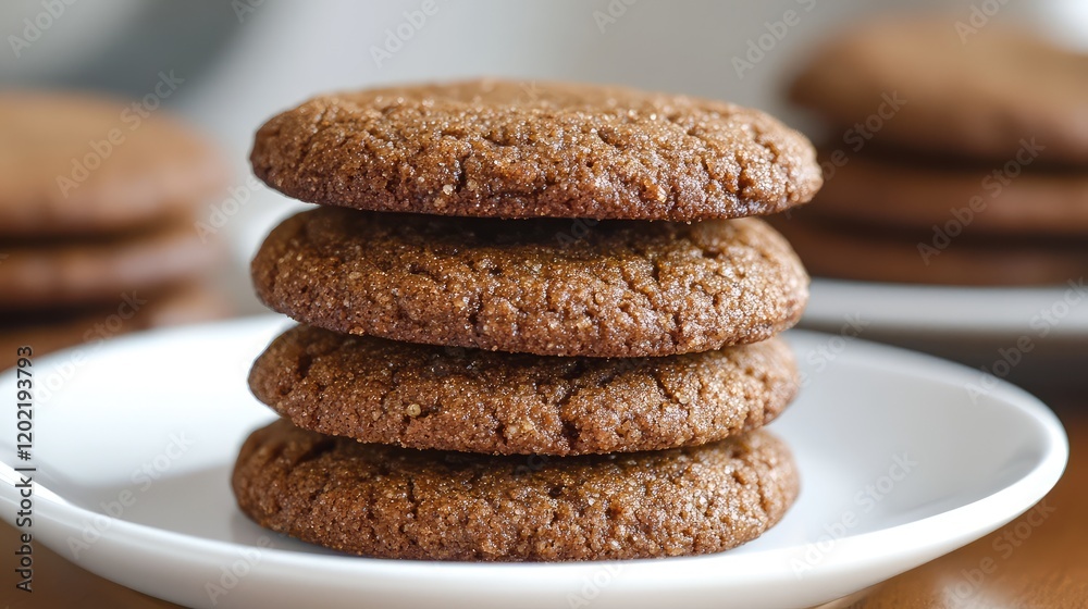 Aufkleber Stack of four round brown ginger cookies on a white plate with a blurred background of more cookies Copy Space