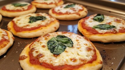 Mini pizzas topped with mozzarella cheese and fresh basil on a baking tray with copy space for text