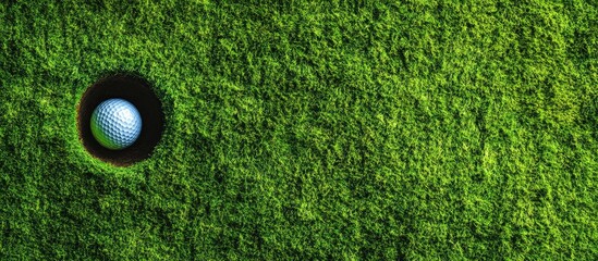 Golf ball near hole on lush green turf with Copy Space for text placement
