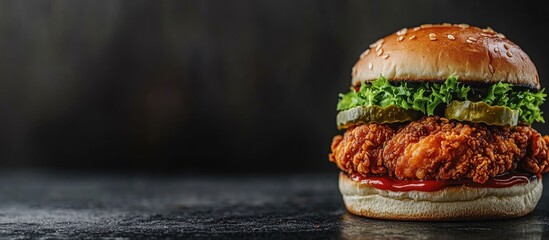 Fried chicken burger with lettuce pickles and ketchup on a sesame seed bun against dark textured background with Copy Space