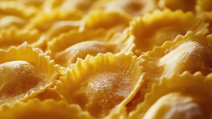 Fresh uncooked ravioli pasta arranged closely with a fine dusting of flour on a textured surface Copy Space