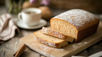 Freshly baked loaf of cake with powdered sugar on wooden cutting board next to coffee cup and sliced pieces on rustic kitchen table Copy Space