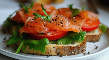 Freshly prepared open-faced sandwich featuring smoked salmon, sliced tomatoes, and greens on whole grain bread with seasoning and copy space.