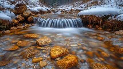 Winter stream flowing over rocks, snowy banks, peaceful scene