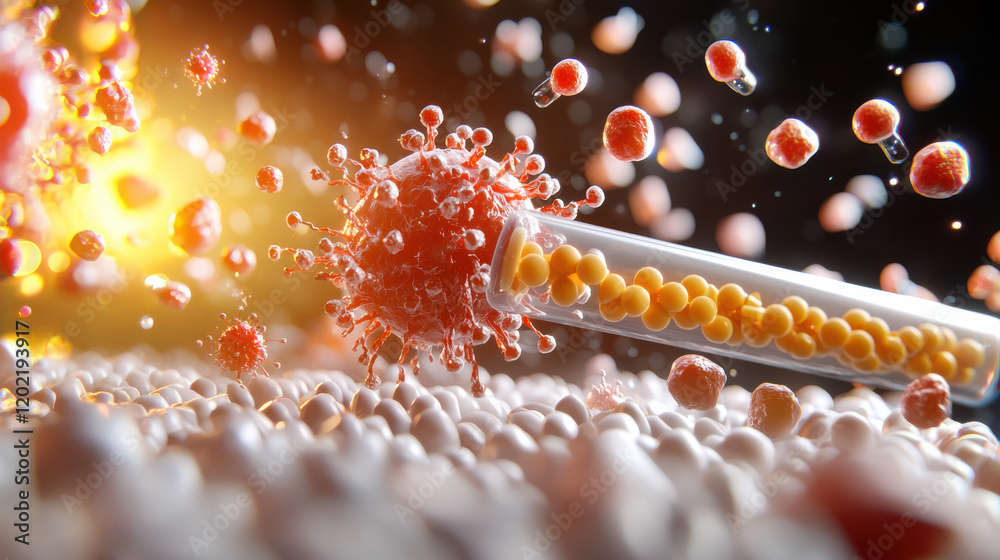 Poster close up view of nanoparticles interacting with drug in laboratory setting, showcasing vibrant colors and dynamic movement. This highlights intricate details of drug delivery systems