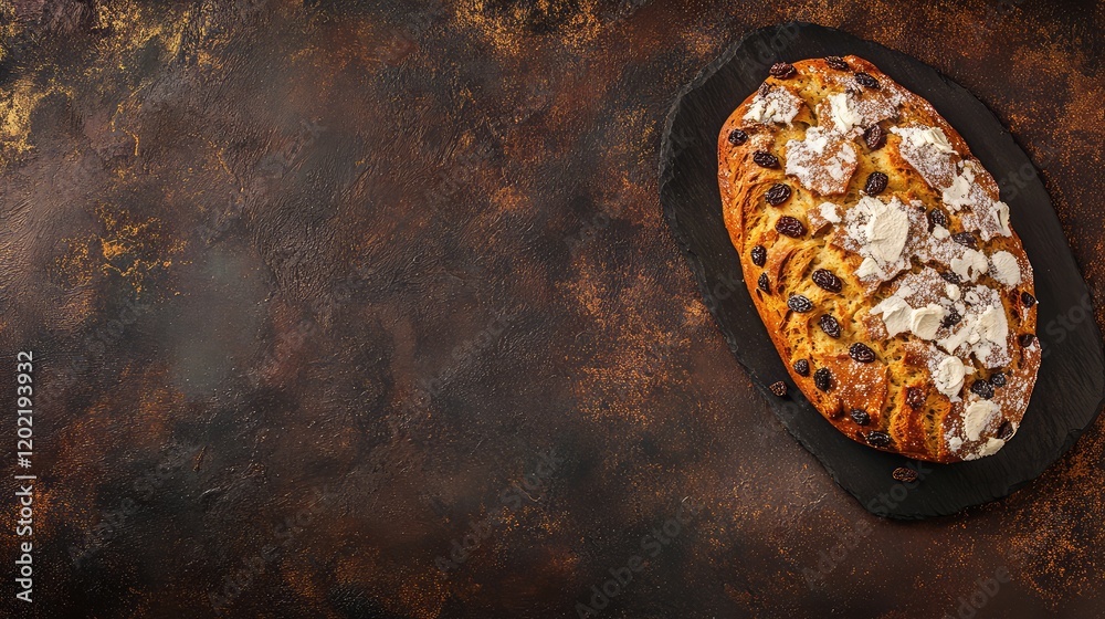 Poster freshly baked artisan bread with a crusty top, sprinkled with flour and sliced almonds on a dark tex