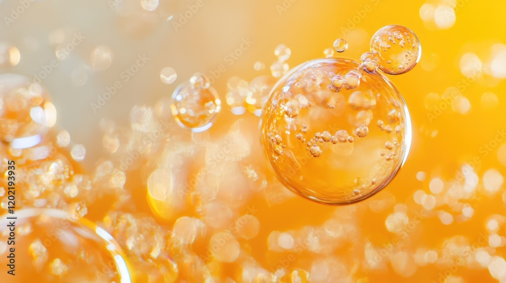 Poster close-up of floating bubbles in liquid with orange gradient background and blurred bokeh effect copy