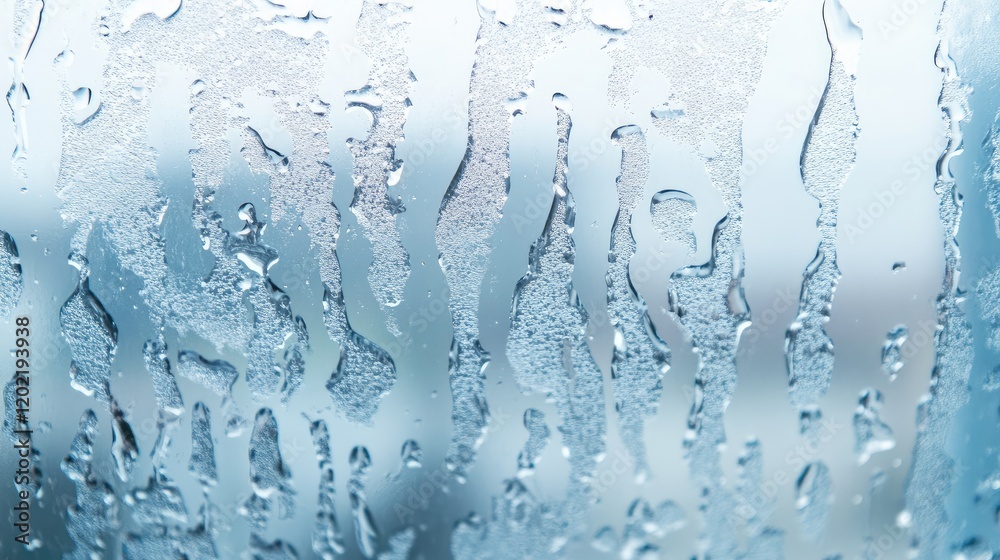 Poster Condensation on a window with water droplets creating a textured pattern and blurred background Copy Space