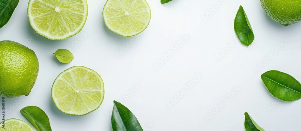 Aufkleber Fresh lime halves and whole limes arranged with green leaves on a light background with ample Copy Space for text insertion.