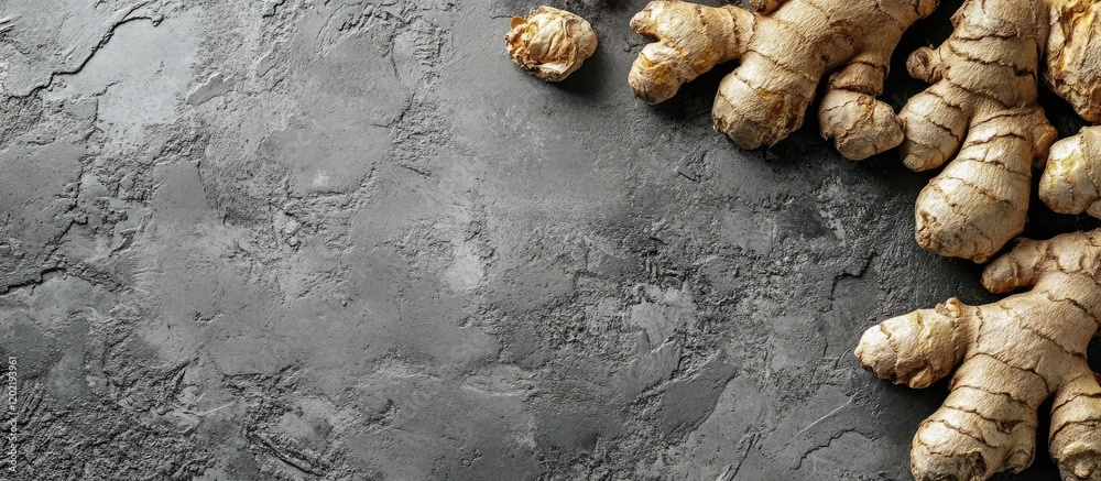 Poster fresh organic ginger roots on a dark textured surface with copy space for text.