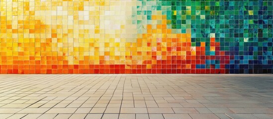 Colorful mosaic wall with gradient tiles in orange, yellow, green, and blue against a tiled floor with Copy Space for text.