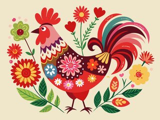 Obraz premium Floral rooster with intricate red roses and pink daisies in whimsical Valentine's Day art