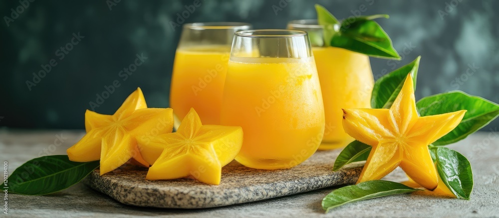 Poster fresh mango juice in glasses with sliced mango and star fruit garnished with green leaves on a stone