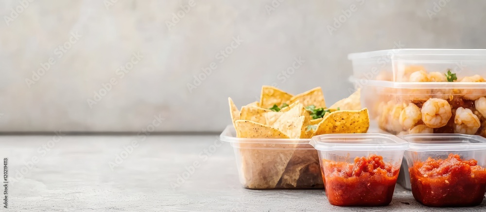 Poster Containers of nachos, salsa, and shrimp on a textured surface with Copy Space for text placement