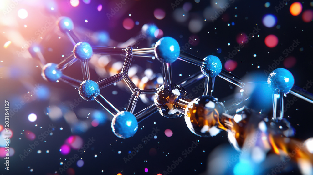 Poster close up view of nanoparticle drug interacting with molecular structures, showcasing vibrant colors 
