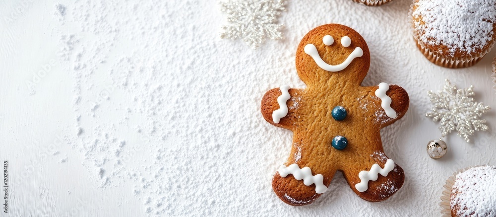 Poster gingerbread cookie with icing decoration on white powdered sugar background with snowflake shaped de