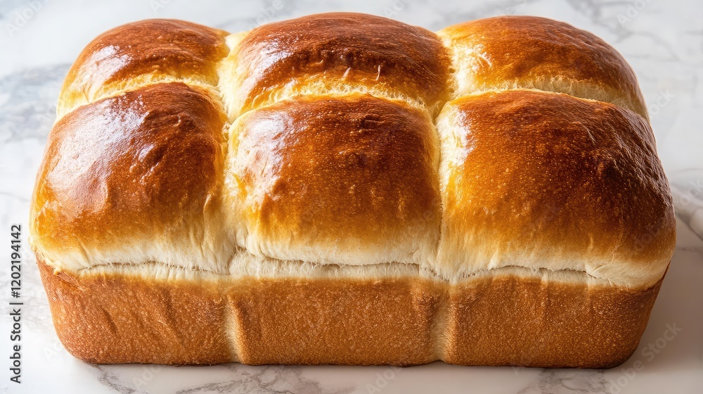 Poster freshly baked golden brown bread loaf on a marble countertop with soft fluffy texture and copy space