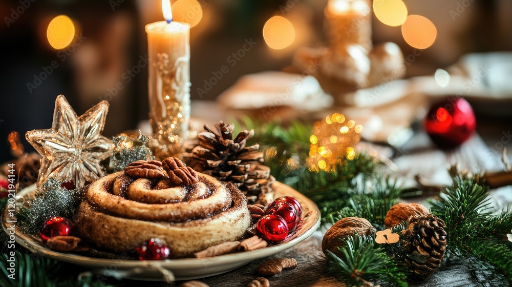 Poster festive christmas table setting with cinnamon roll, pine cones, candle, and decorative ornaments in 