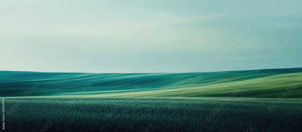 Poster vast green field landscape with rolling hills and soft atmospheric tones featuring copy space for te