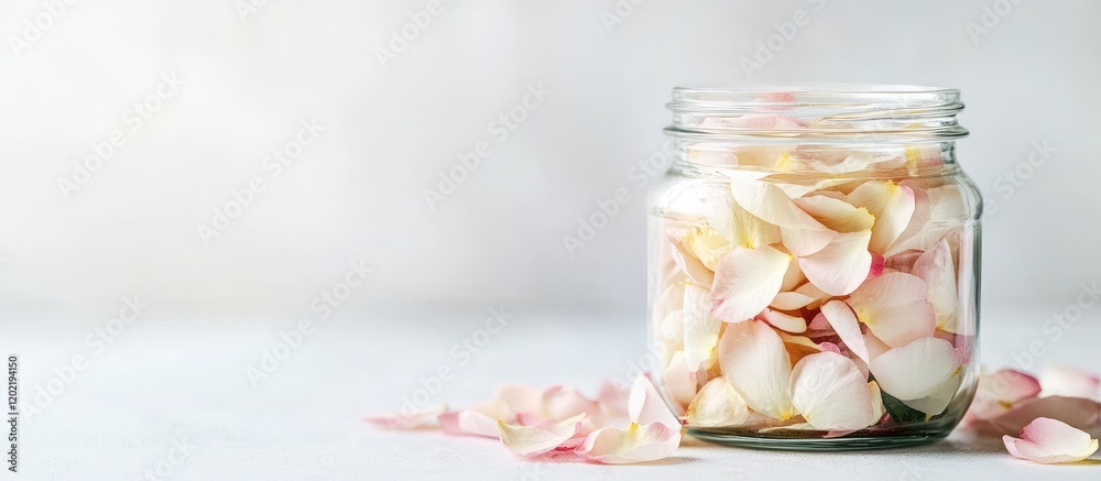 Poster jar filled with rose petals on a light background with scattered petals and ample copy space.