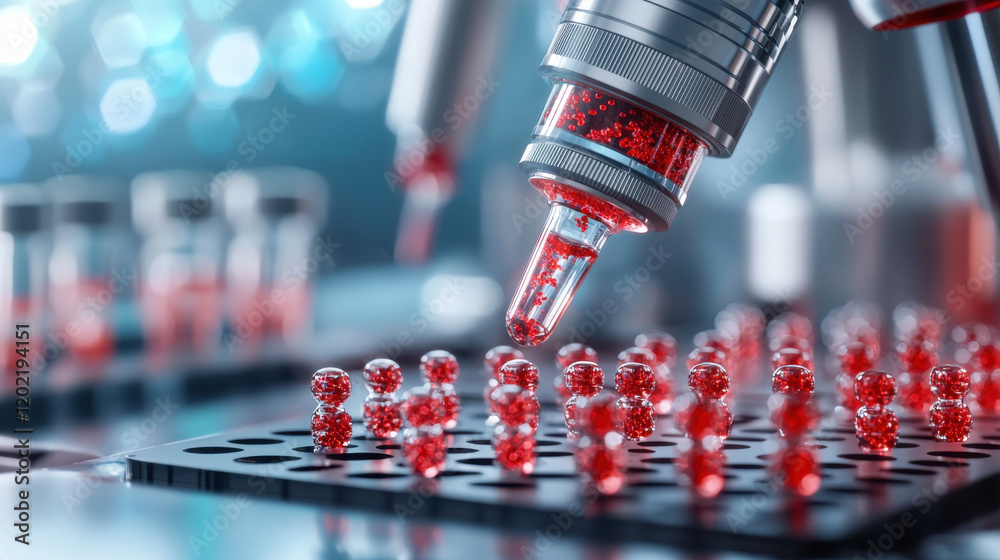 Fototapete Close up of nanoscale device extracting biomarker samples with precision. vibrant red droplets highlight advanced technology in laboratory setting, showcasing innovation in scientific research