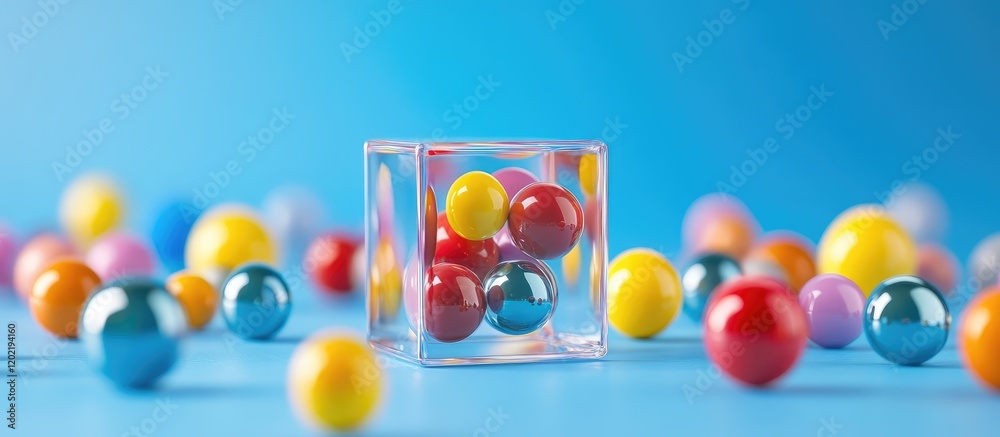 Poster colorful glass marbles scattered around a transparent cube on a blue background with copy space.