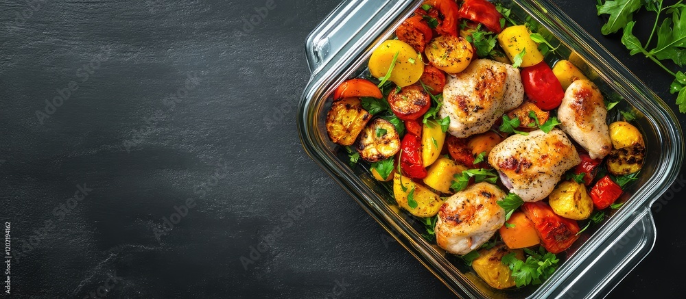 Poster roasted chicken and mixed vegetables in glass baking dish with dark background and copy space for te