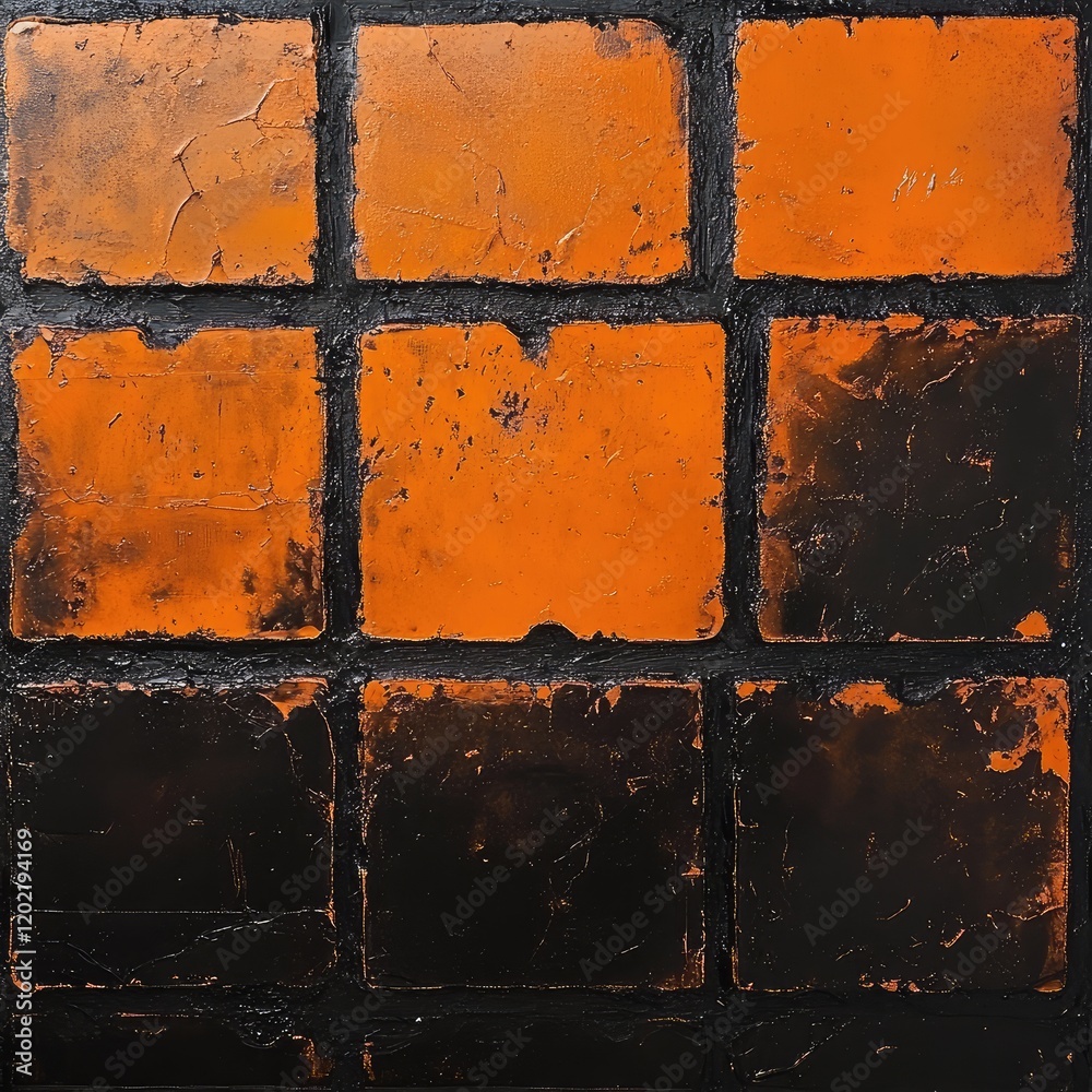 Poster abstract textured wall with orange and black squares arranged in a grid pattern suitable for backgro