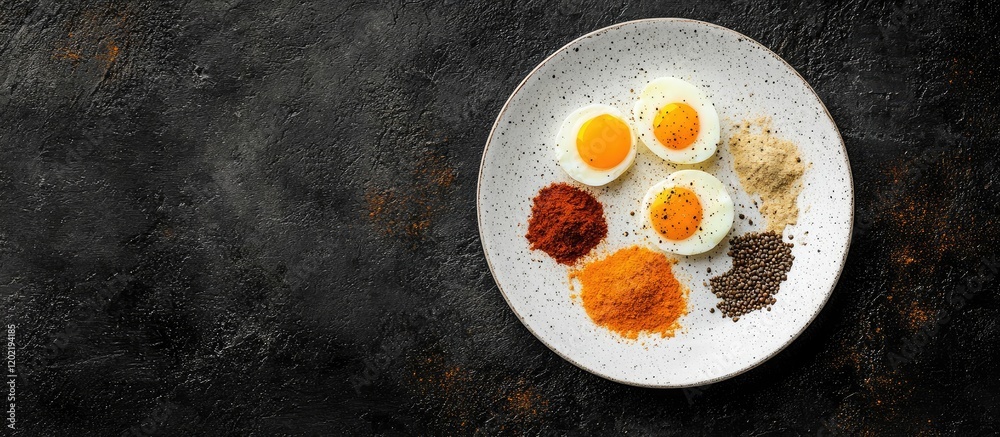Poster Plate with halved boiled eggs surrounded by various spices on a dark textured background with Copy Space.