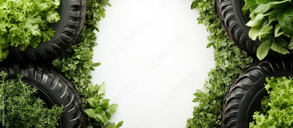 Poster green foliage and black tires framing a blank white space for text or design elements. copy space av