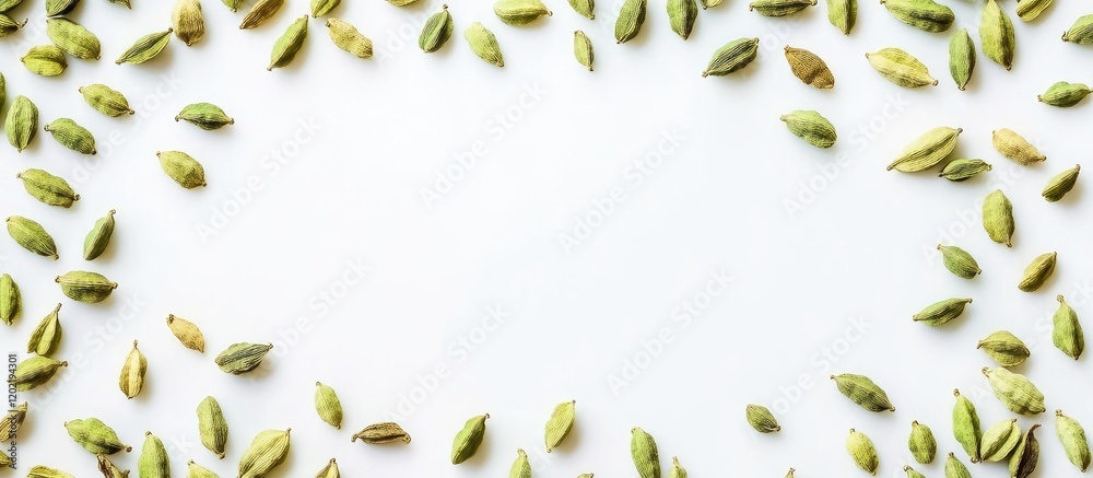 Aufkleber Green cardamom pods arranged in a circular frame on a light background with ample copy space for text insertion.