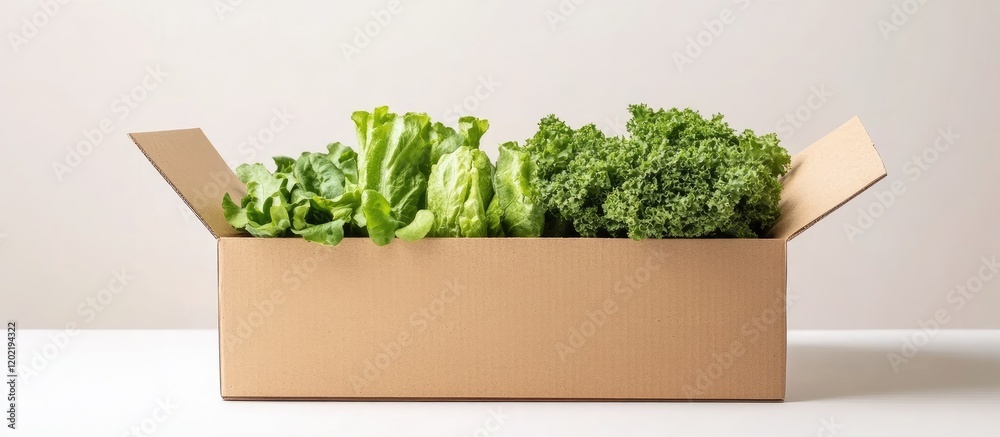 Poster fresh green lettuce and kale in a cardboard box on a neutral background with copy space