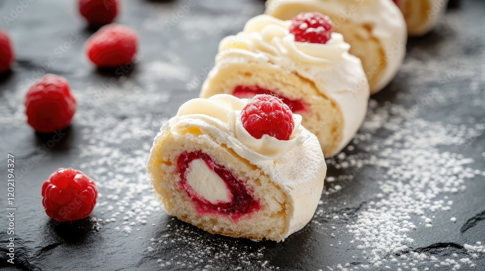 Aufkleber Rolled cake dessert with raspberry filling and cream frosting on a black slate surface with fresh raspberries and powdered sugar Copy Space