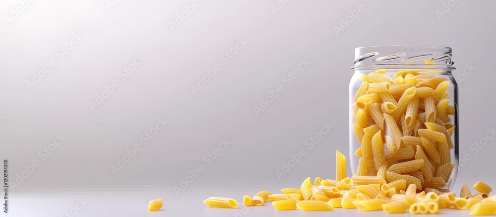Aufkleber dried pasta in a glass jar with scattered pieces on a light background and ample copy space