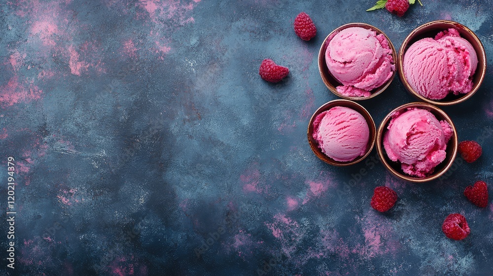 Poster pink raspberry ice cream scoops in cups with fresh raspberries on dark blue textured background copy