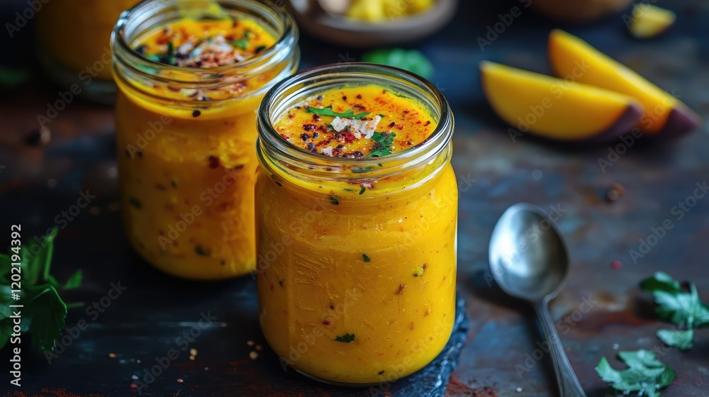 Poster Mango smoothie jars garnished with spices and herbs on a rustic surface with garnished mango slices and a spoon nearby Copy Space