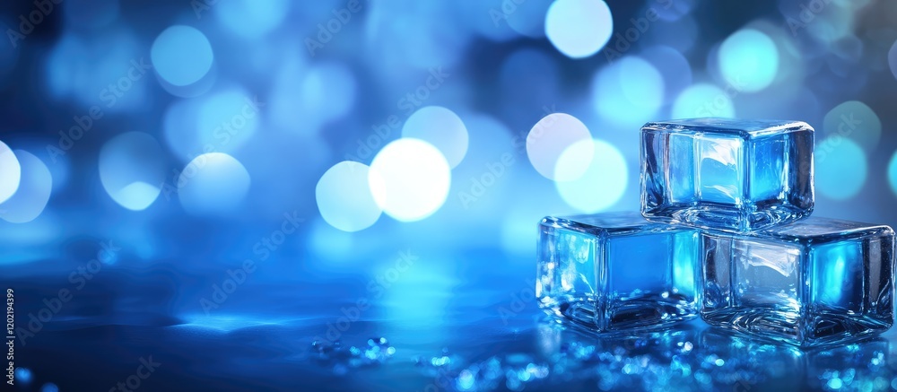Aufkleber Ice cubes with blue lighting and bokeh effect on a reflective surface Copy Space