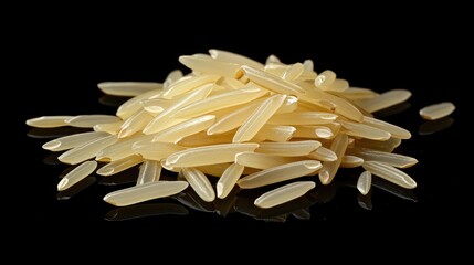 Raw uncooked long-grain rice on dark background with reflection and copy space for text