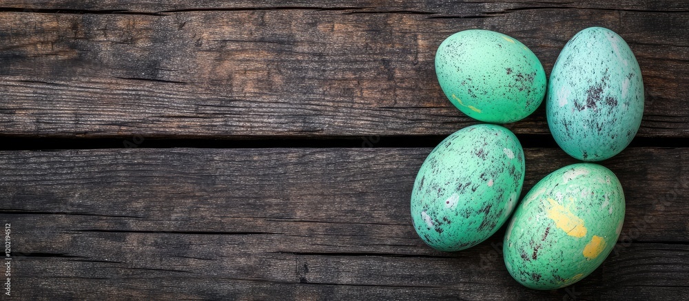Poster colorful decorative eggs on rustic wooden background with copy space for text.
