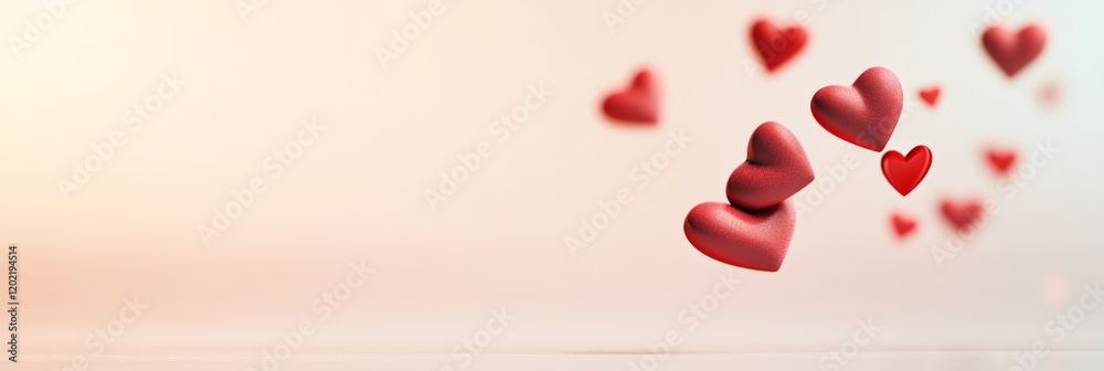Poster red hearts are floating on a delicate pink background, creating a romantic atmosphere perfect for va