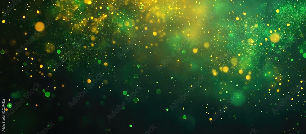 Fototapete Abstract green and gold bokeh background with glowing particles and copy space for text use