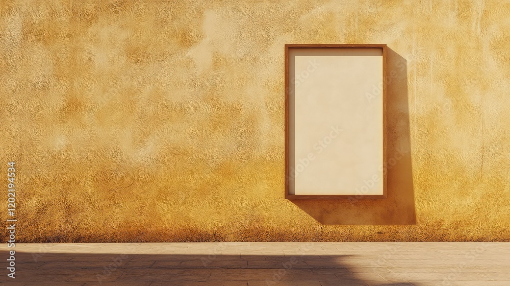 Poster empty rectangular frame on textured yellow wall with copy space for text placement. neutral backgrou