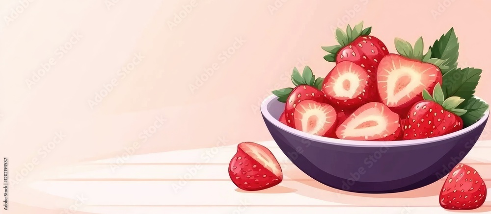 Poster freshly sliced strawberries in a bowl with green leaves on a wooden table and soft pink background c