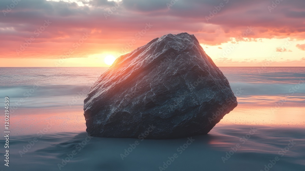 Poster Sunset over ocean with large rock in foreground and colorful sky with clouds at horizon Copy Space