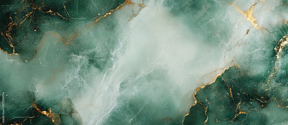 Poster Green marble texture with golden veins and soft cloud-like patterns suitable for backgrounds and designs Copy Space