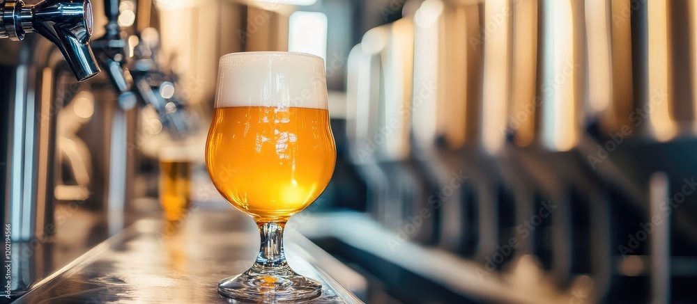 Poster Craft beer glass filled with golden beer and frothy head placed on bar counter in brewery with taps in background Copy Space