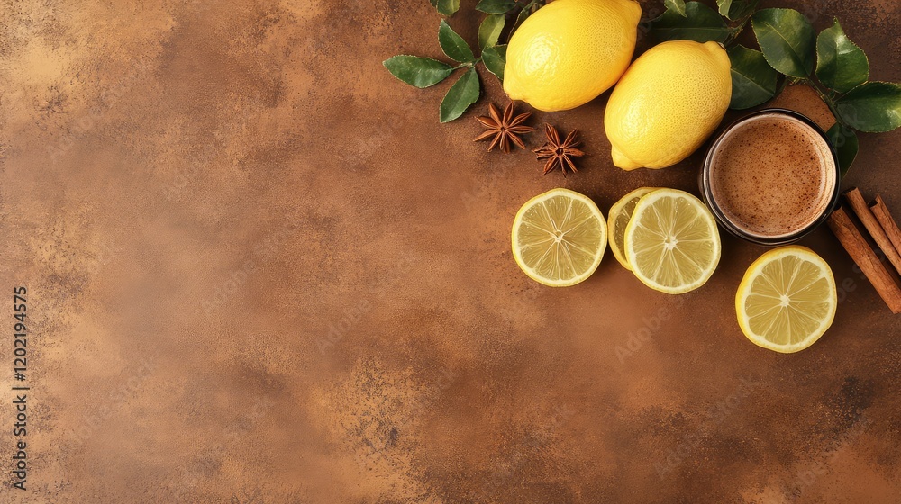 Poster Lemons with sliced halves and brown sugar in a bowl on a rustic brown background with leaves and spices Copy Space