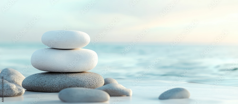 Poster stacked smooth pebbles on sandy beach with soft ocean waves and light pastel sky in background copy 