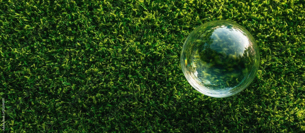 Fototapete close-up of a soap bubble on textured green grass with copy space for text placement